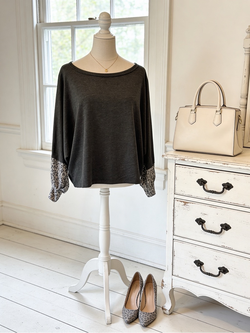 Pink Lily Oversized Grey Leopard Accent Sweater
